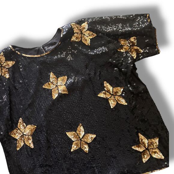 AS IS Vtg Exotica Sequin Silk Blouse Ladies Plus Size 22 Black Gold Disco Glam - Picture 1 of 7